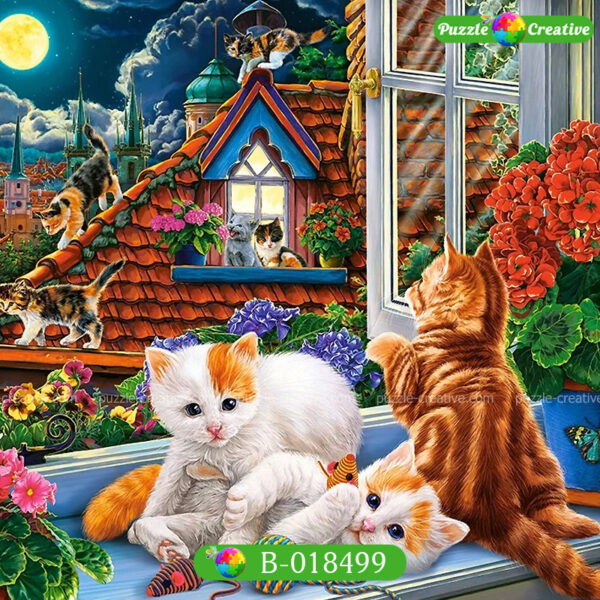 Восемь игривых котят на фоне полной луны, Castorland Kittens on the Roof B-018499