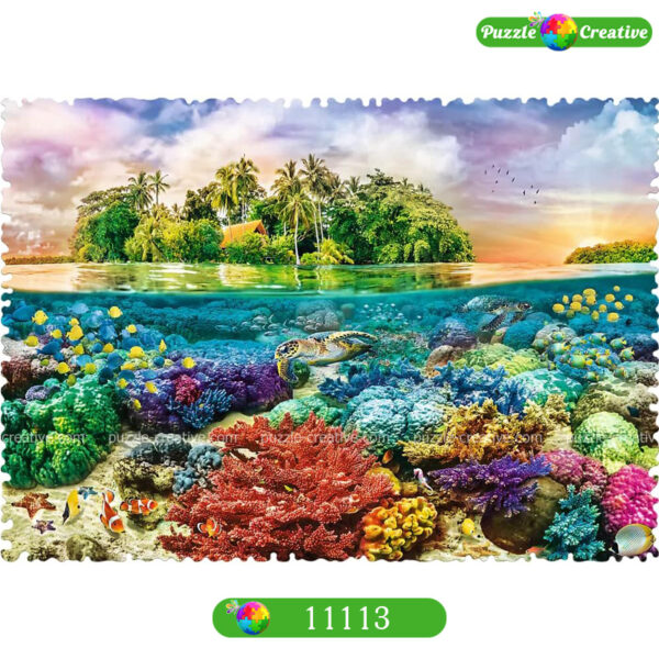 Пазлы Трефл с изображением Тропического острова и подводного мира на 600 деталей сумасшедшей формы. Черепахи, корралы, пальмы, рыбки.